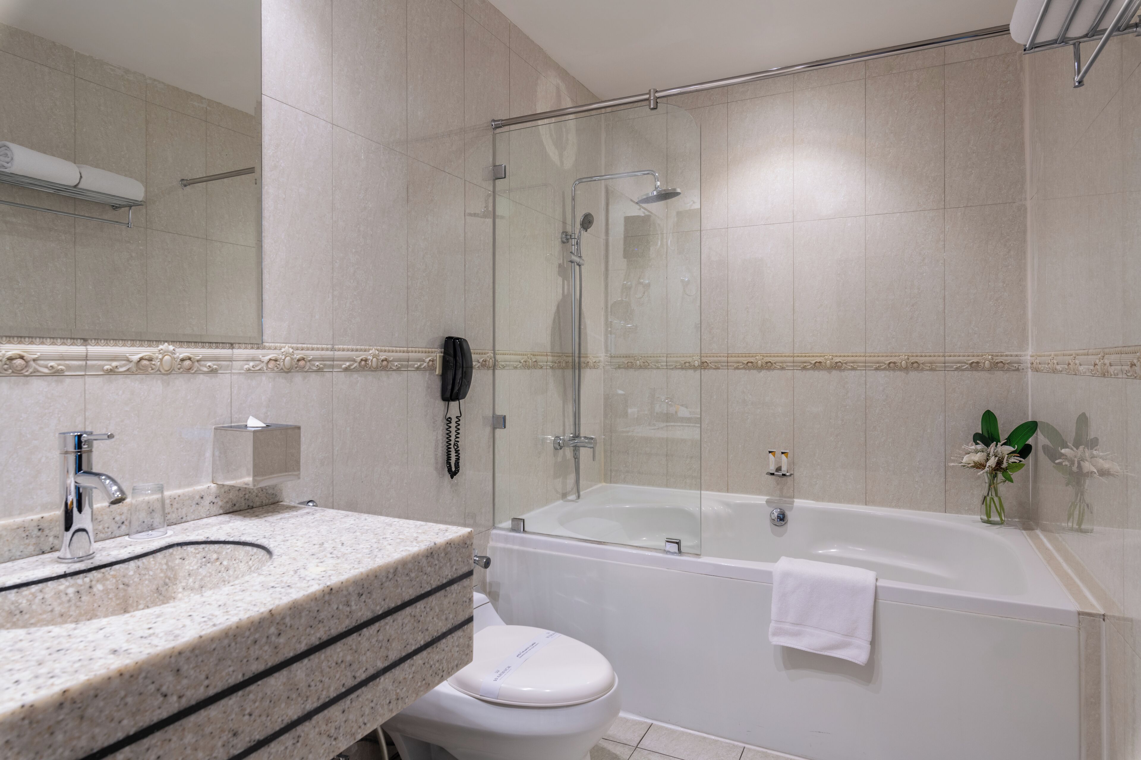 Ein modernes Badezimmer mit Waschbecken aus Granit, Toilette und einer Duschkabine.