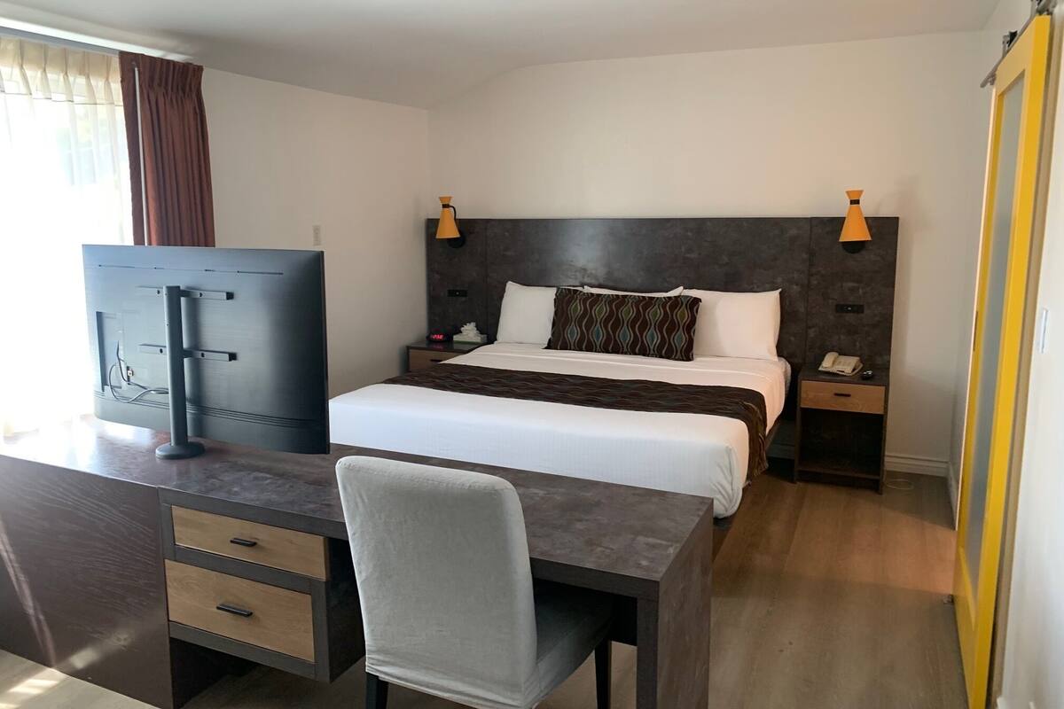 A hotel room with a bed, bedside table, desk, chair, TV, and a wardrobe.