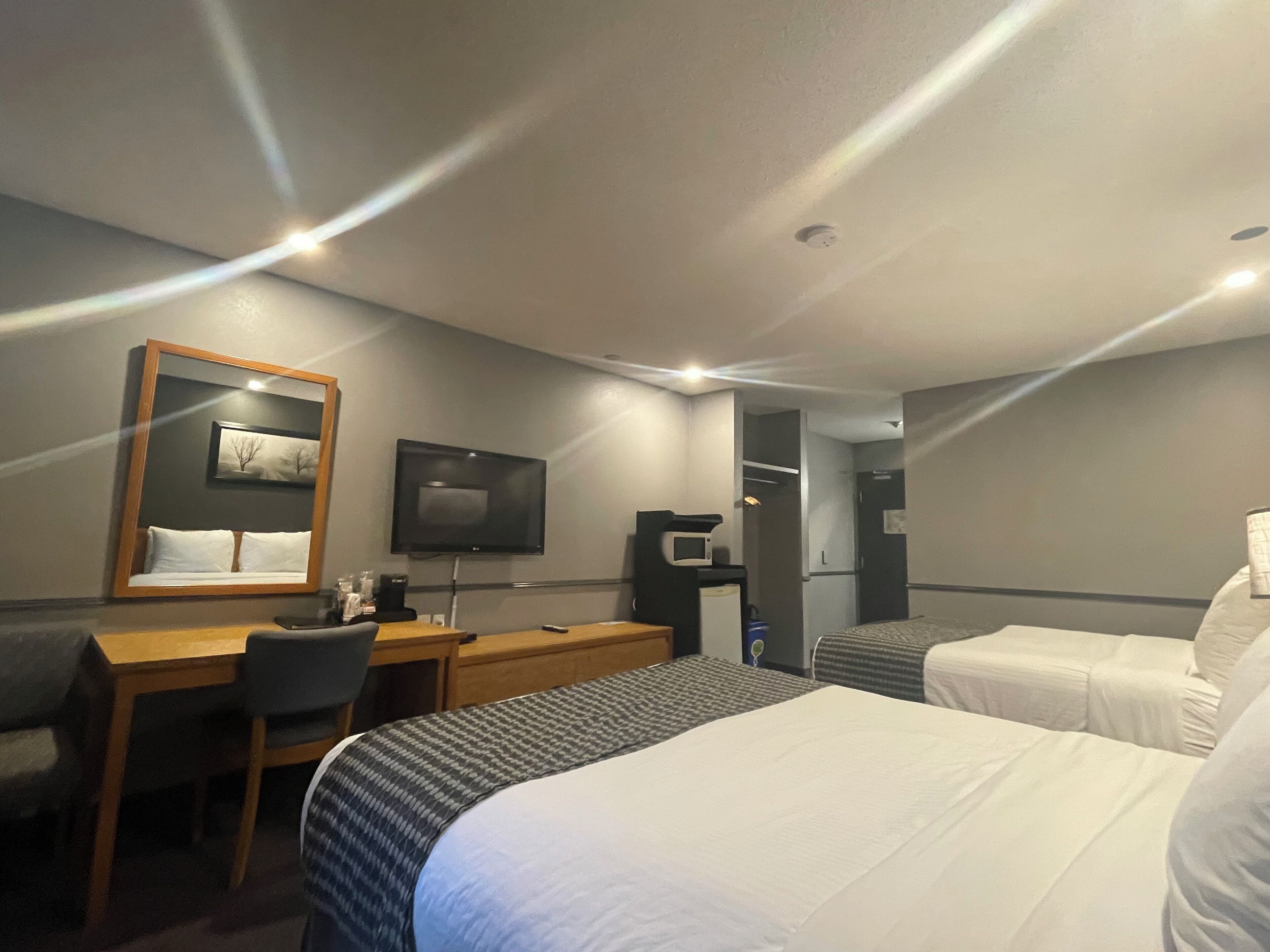 Una camera d'albergo con un letto, una scrivania con sedia, televisione, microonde e un angolo cottura.