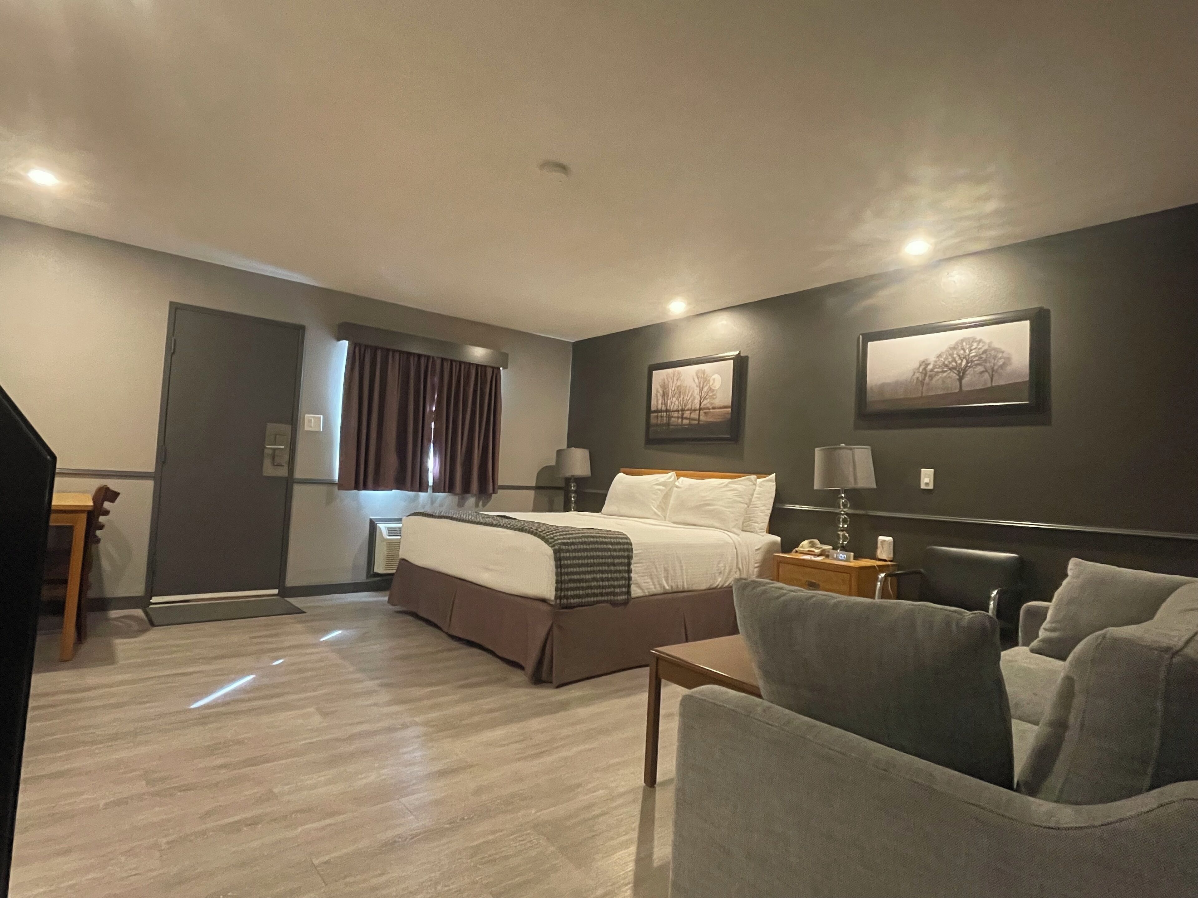 Una habitación de hotel con cama, mesitas de noche, escritorio y una silla.