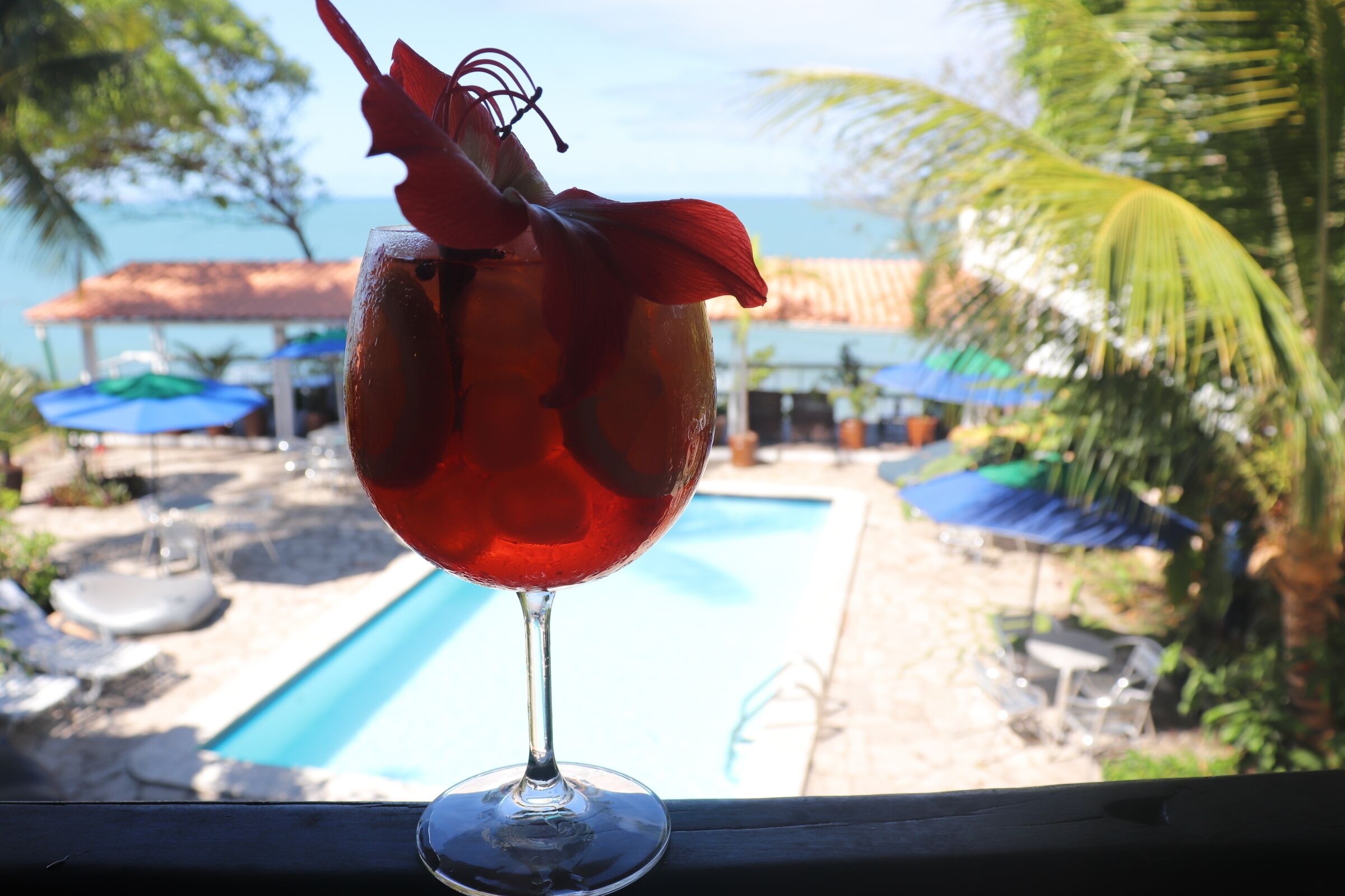 Ein Glas rotes Getränk mit einer dekorativen Garnitur, ein Pool und Sonnenschirme im Hintergrund.