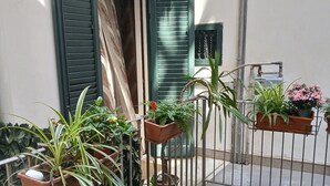 Un balcón con plantas en macetas y baranda de metal.