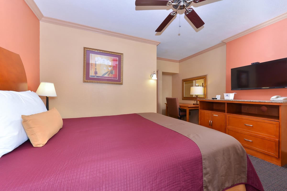 A hotel room with a large bed, a desk, a television, and a ceiling fan.