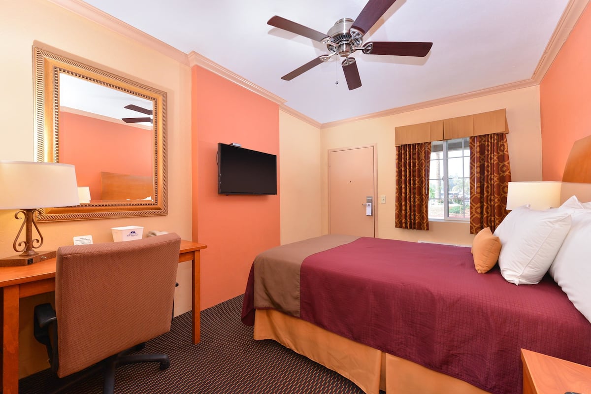 A hotel room with a bed, desk, chair, ceiling fan, television, and window with curtains.