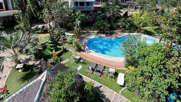 A swimming pool surrounded by lush greenery, with a clear blue sky above. - KokosNuss Garden Resort (Coron)