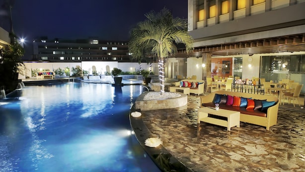 A swimming pool with a sunken seating area and a palm tree.