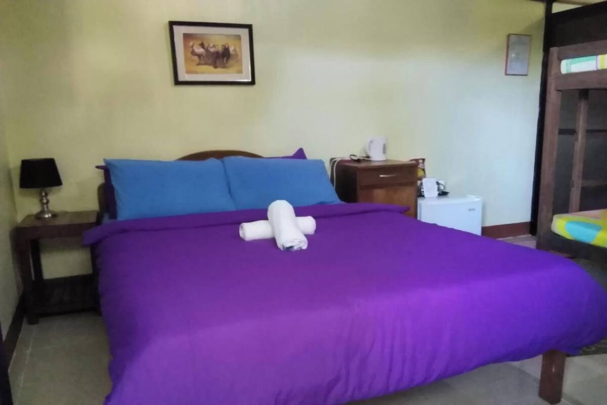 A neatly made bed with a purple bedspread and blue pillows, a small bedside table with a lamp, a framed picture on the wall, and a small white appliance on the floor.