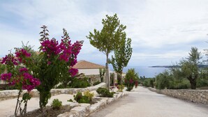 Un chemin pavé, bordé de murs en pierre et de différentes plantes, mène à un bâtiment dont le toit est recouvert de tuiles.