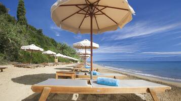 Beach nearby, white sand, free beach shuttle, sun loungers