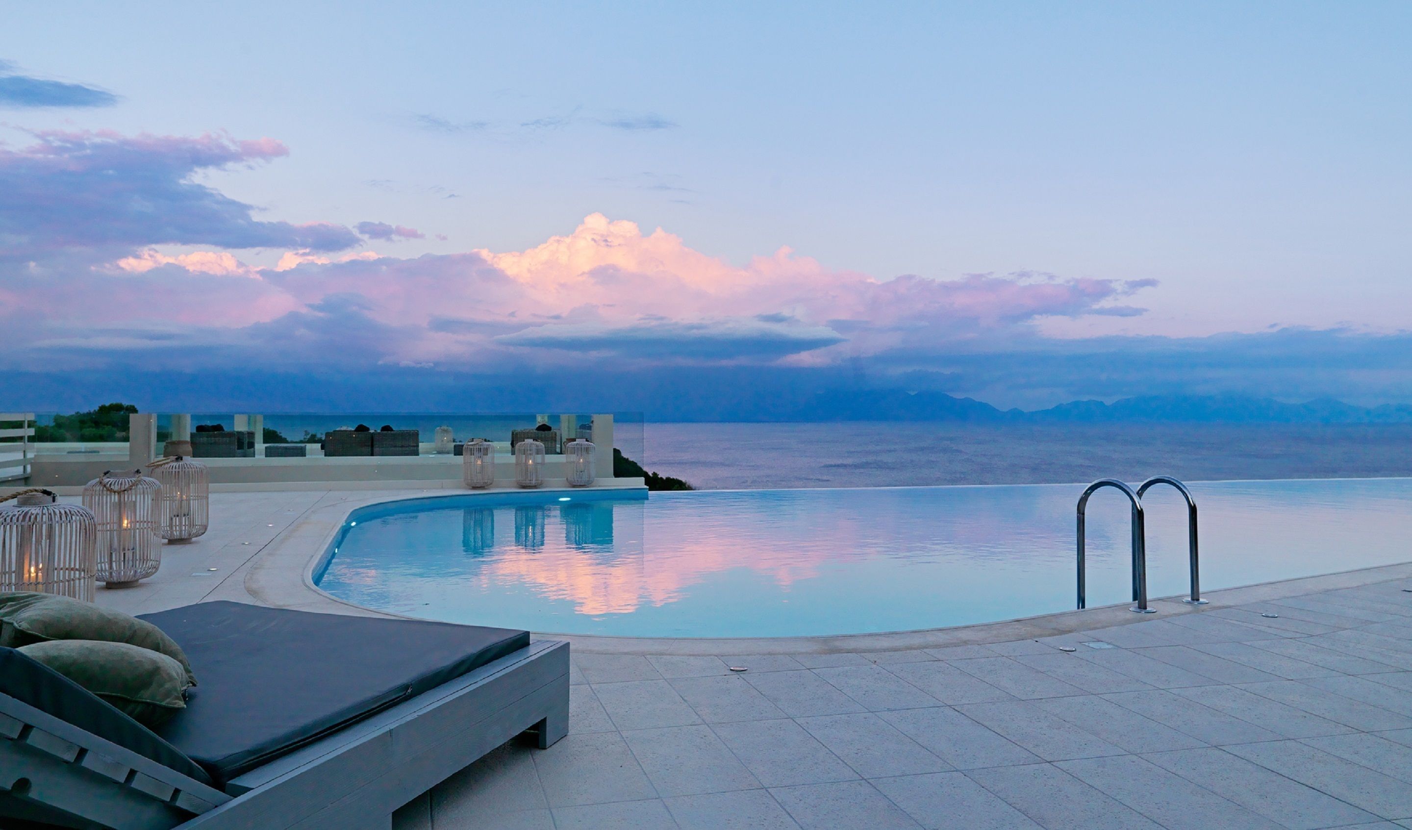 outdoor pool, pool umbrellas, pool loungers