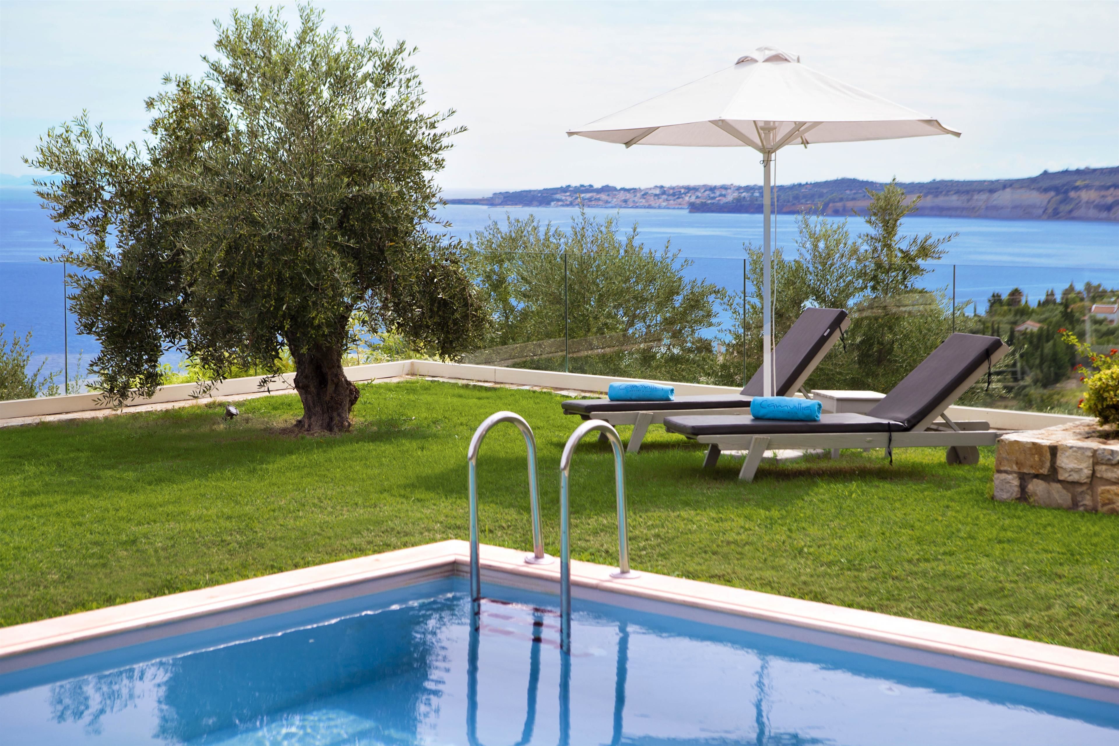 A swimming pool with a view of the sea, two lounge chairs, and a tree.