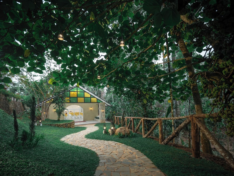 Una cabaña rústica con un sendero de piedra que la conduce, rodeada de abundante vegetación y árboles.