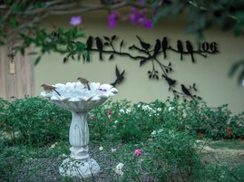 Un abrevadero para pájaros rodeado de un jardín con diversas plantas y flores.