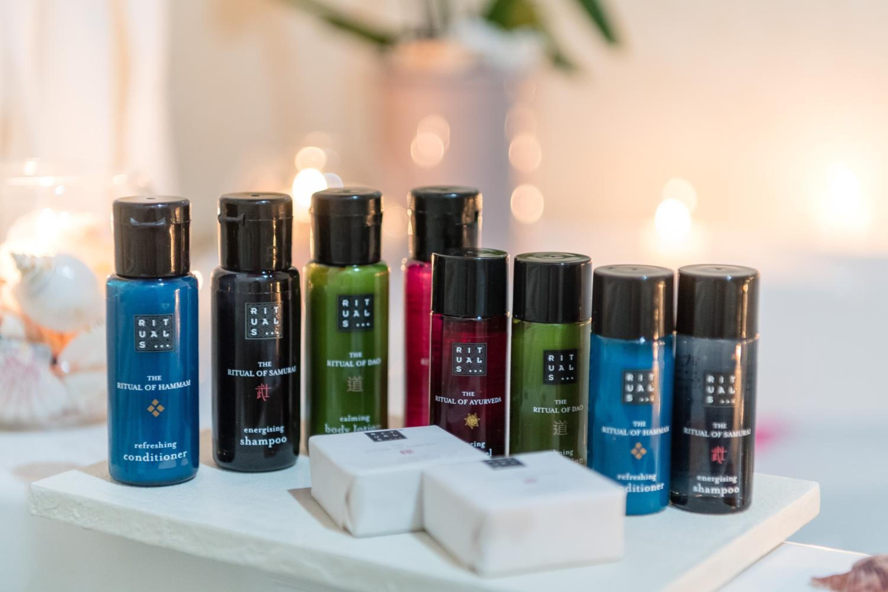 free toiletries, hair dryer, slippers, towels