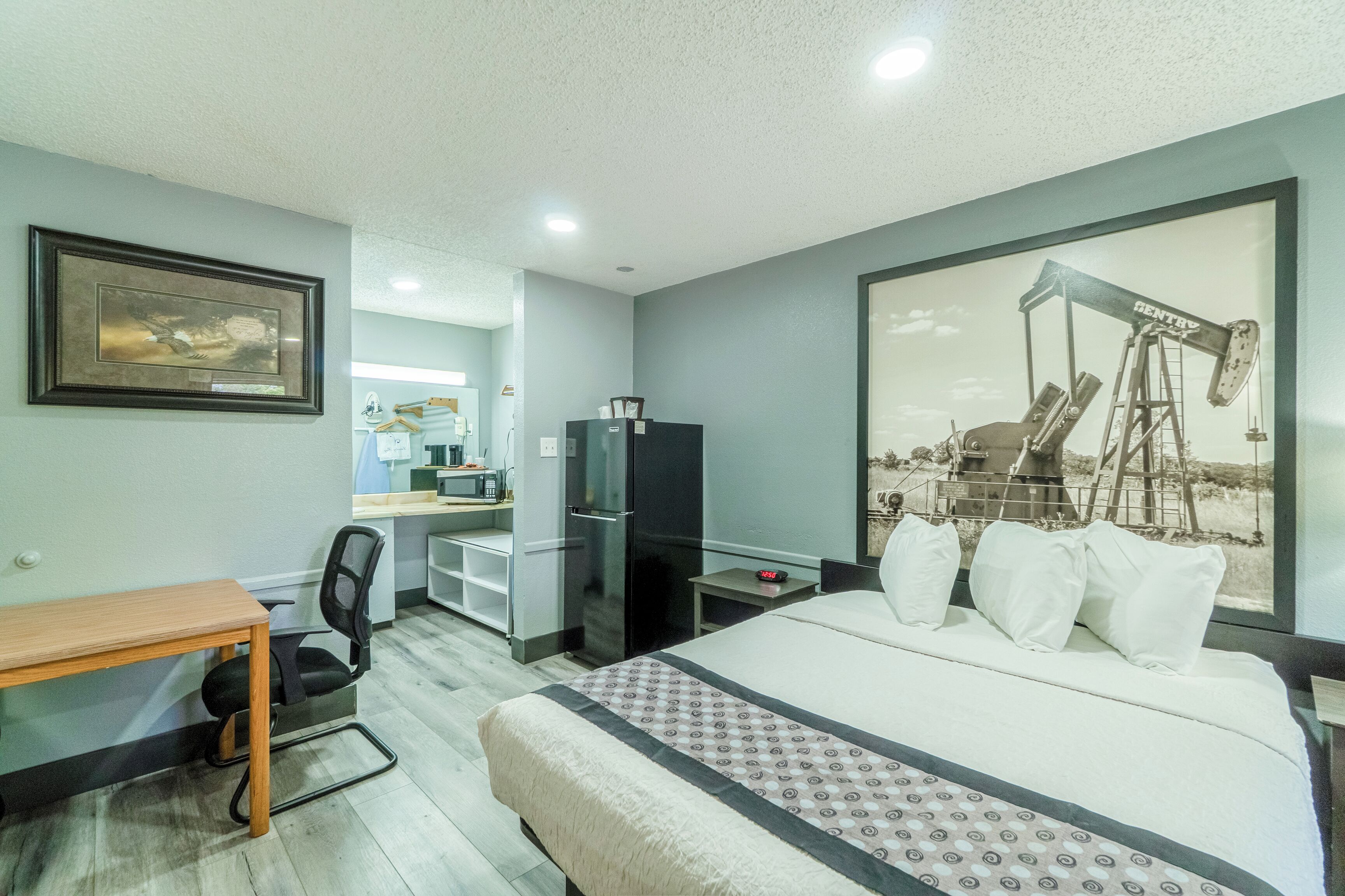 A hotel room with a bed, a desk, a chair, a refrigerator, a microwave, and a large window with a view of a landscape.