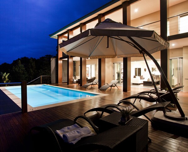 Outdoor pool, pool umbrellas, pool loungers