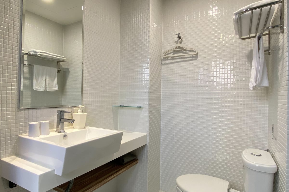 executive double room, bathtub, city view | bathroom | free toiletries, hair dryer, slippers, towels