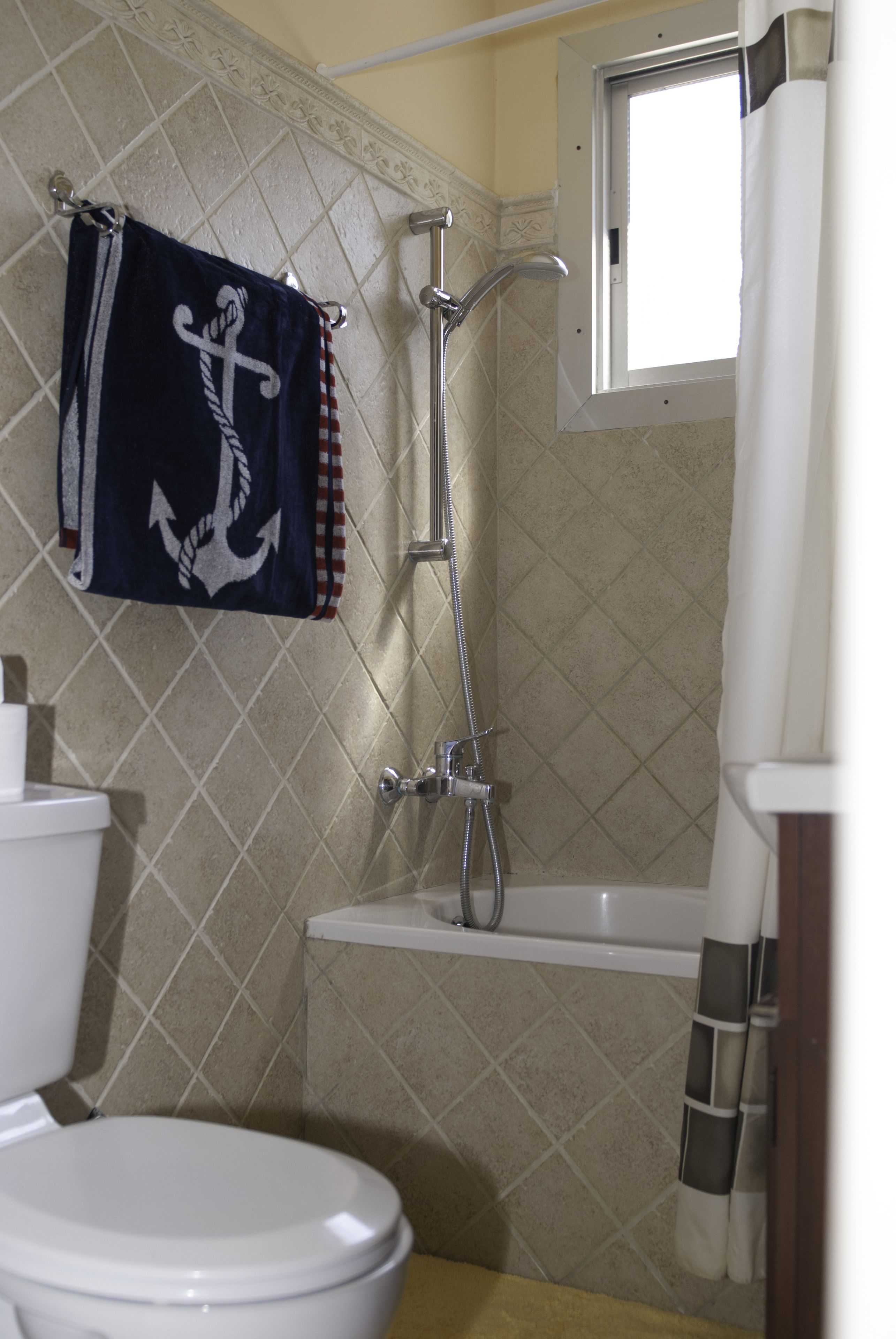 A bathroom with a toilet, a shower, and a window.