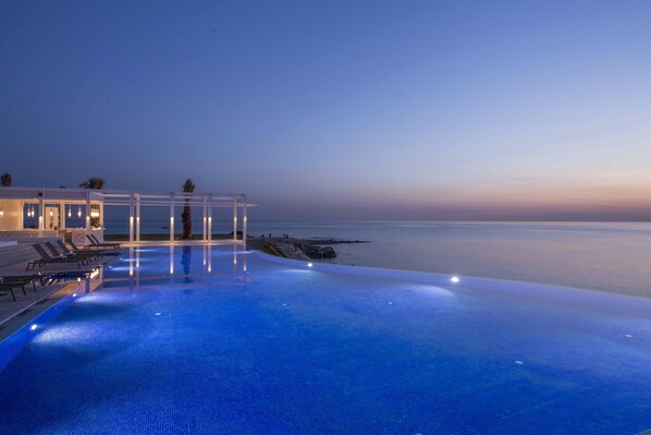 An infinity pool with a view of the ocean at dusk.