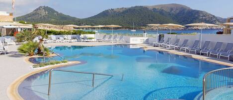 Outdoor pool, open 9:00 AM to 8:00 PM, pool umbrellas, sun loungers