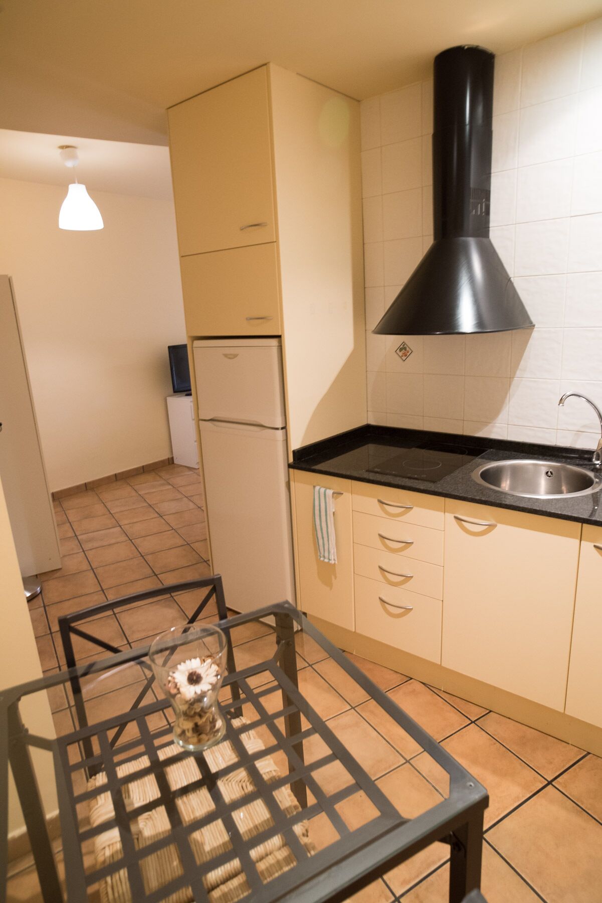 A compact kitchen with a black stove, a sink, and a hanging range hood.
