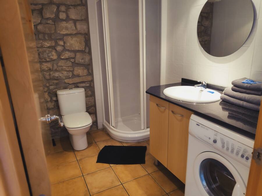 A compact bathroom with a stone wall, a toilet, a shower, a sink, and a washing machine.
