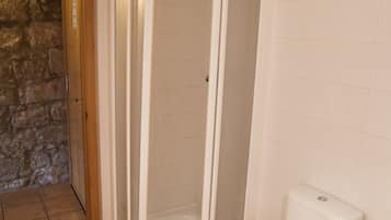 Un baño con cabina de ducha, inodoro y una alfombra azul en el suelo.