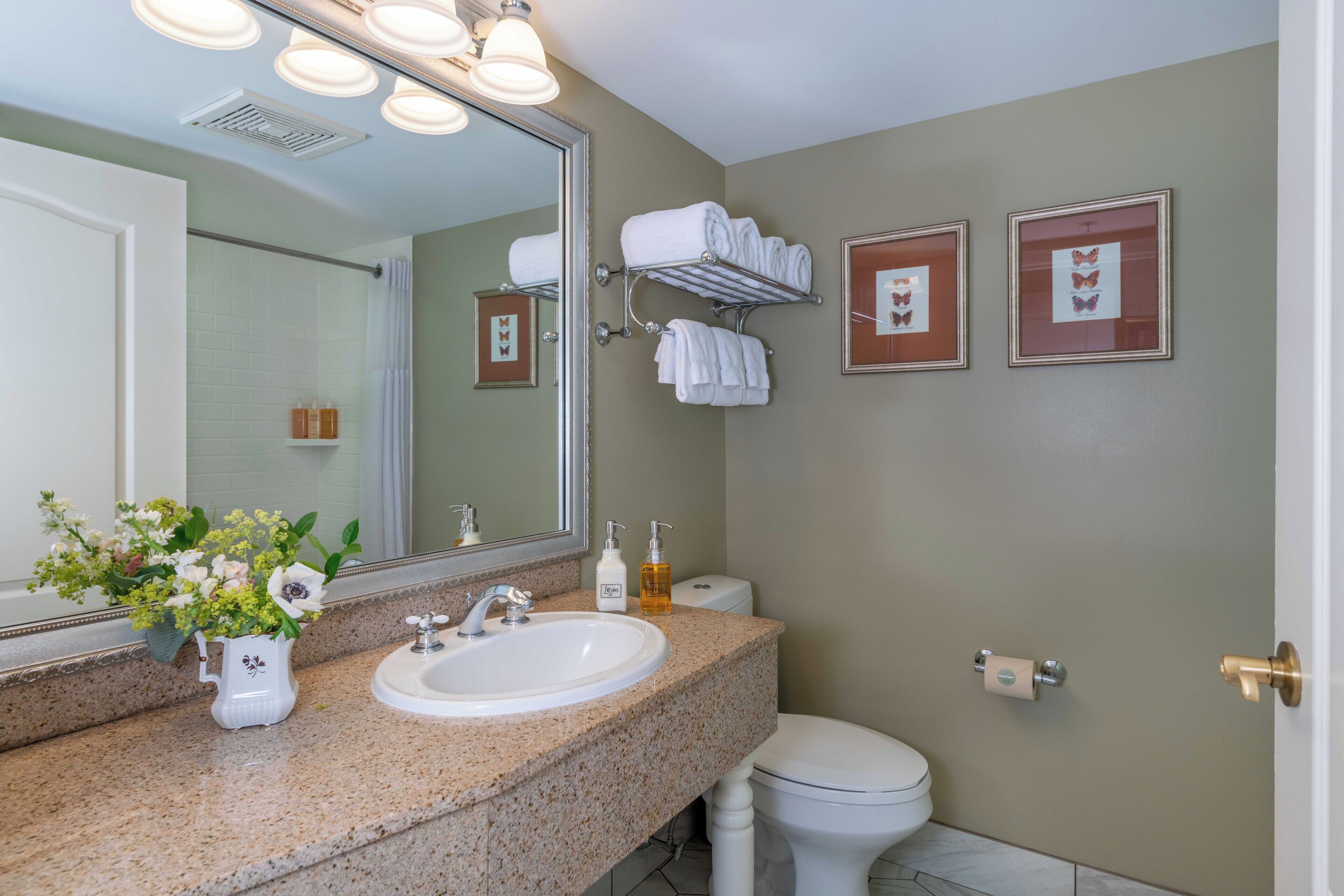 A bathroom with a sink, mirror, toilet, and towel rack.