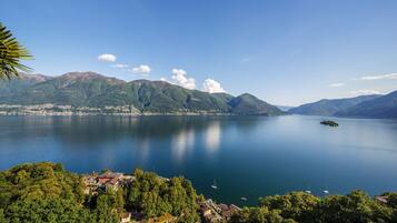 Ein See mit Bergen im Hintergrund, einer kleinen Insel und einigen Booten.