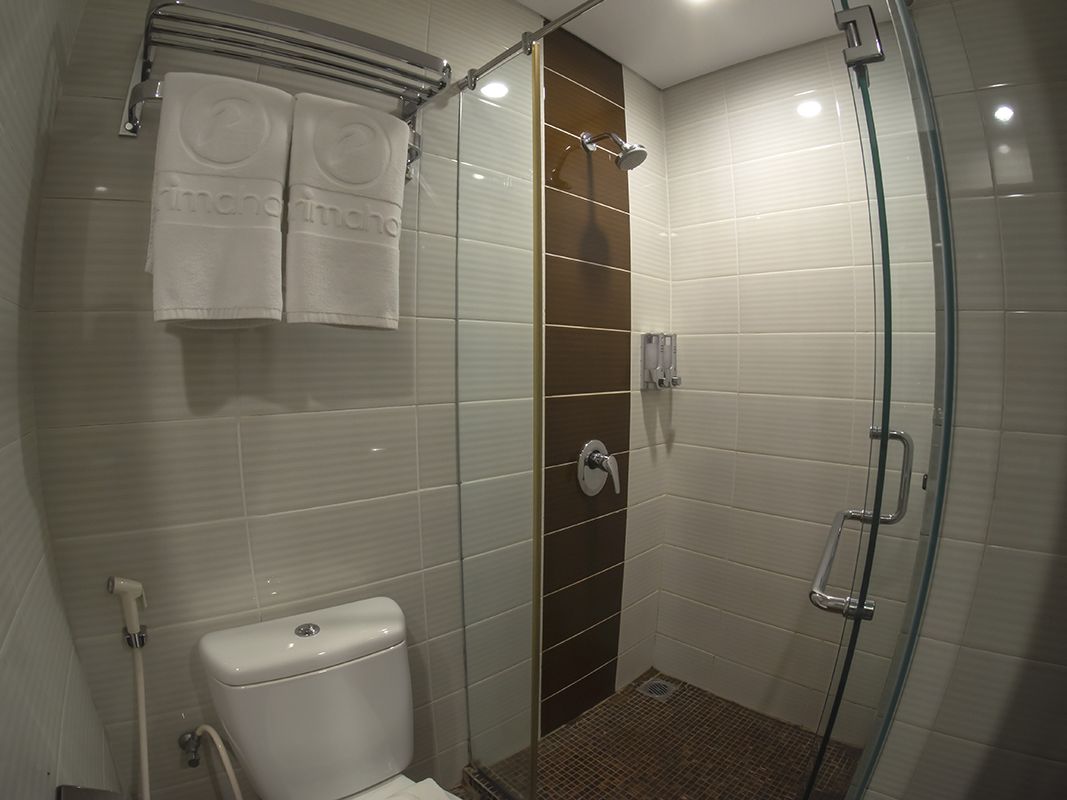 shower, hair dryer, slippers, towels