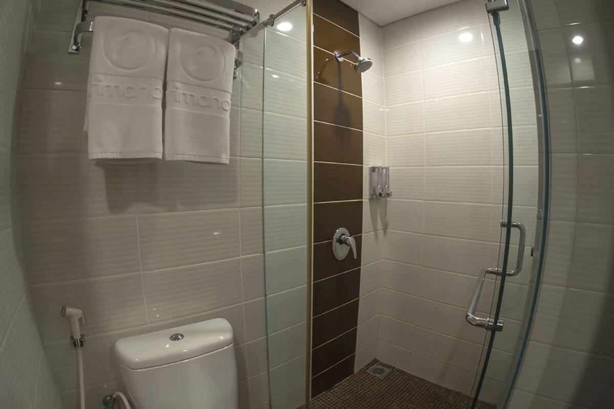 shower, hair dryer, slippers, towels