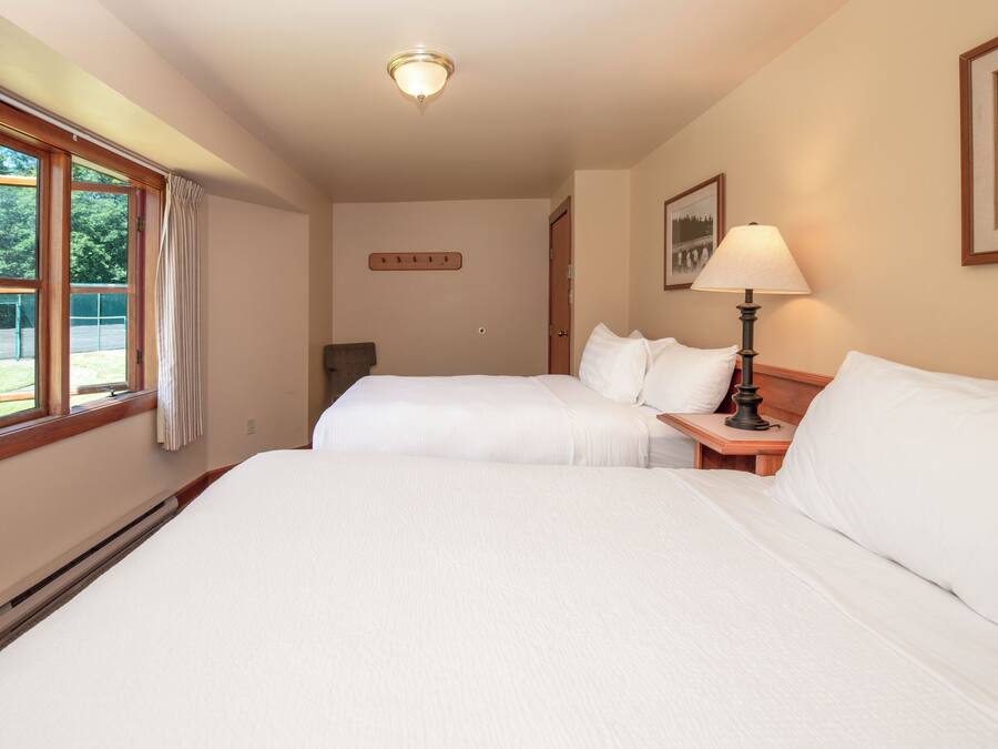 Habitación de hotel con dos camas, una mesita de noche con lámpara, una ventana con cortinas, un cuadro colgado en la pared y una puerta.
