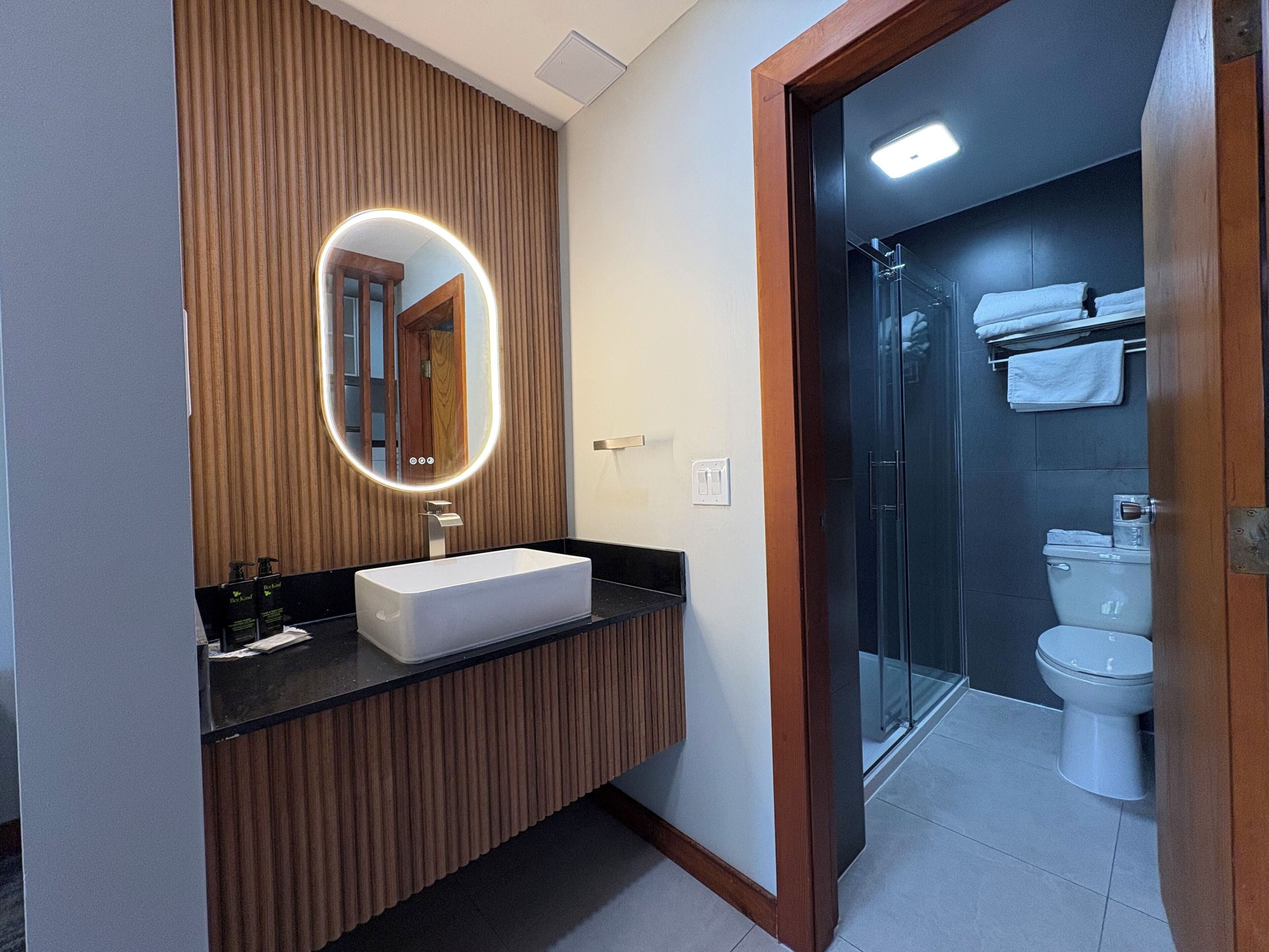 Une salle de bain moderne avec un meuble-lavabo en bois, un grand miroir avec éclairage intégré, une cabine de douche en verre et des toilettes.