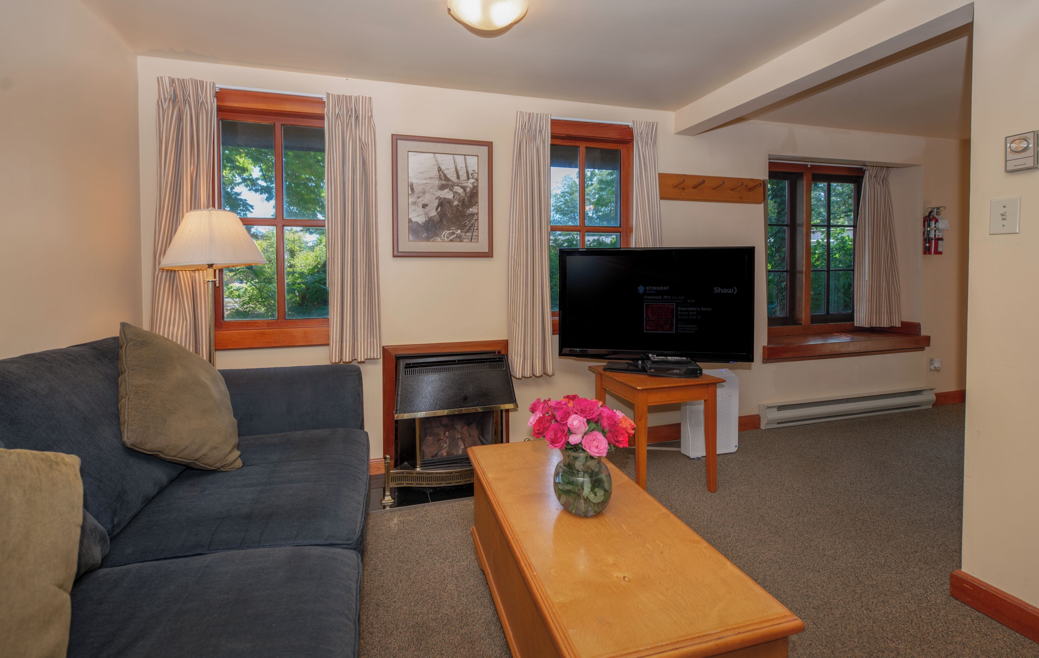 A living room with a sofa, a television, a fireplace, and a window with curtains.