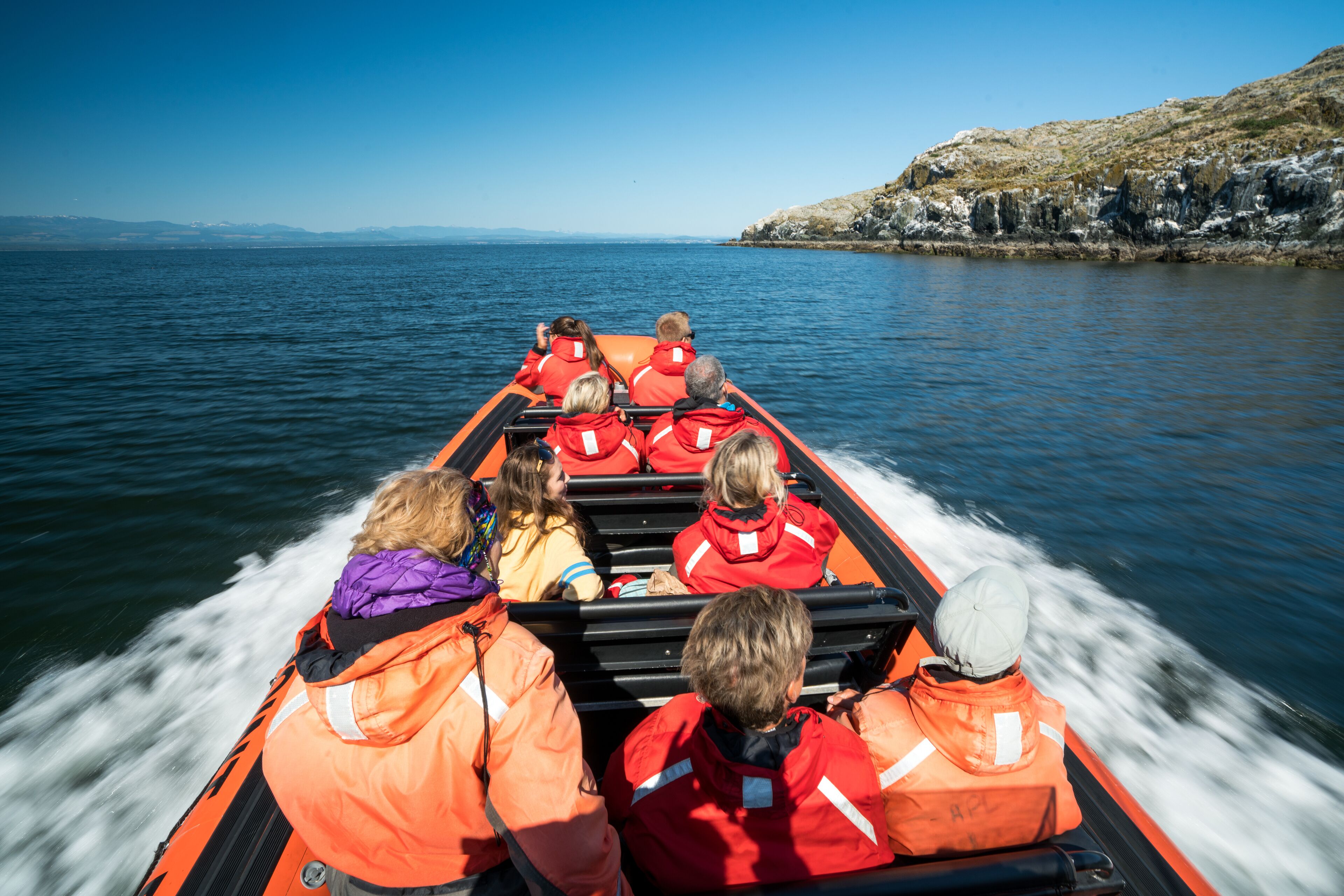 A boat with passengers wearing orange life jackets.