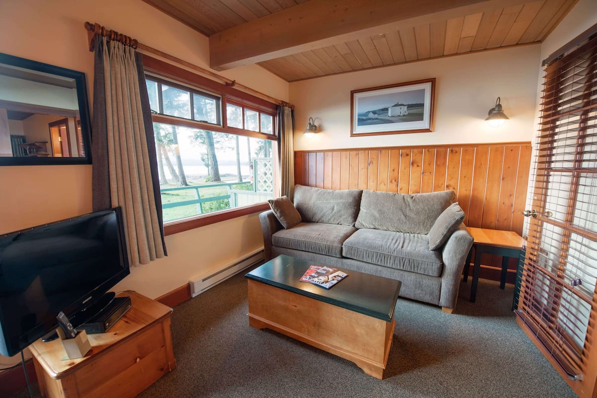 A cozy living room with a sofa, coffee table, TV, and a window with curtains.