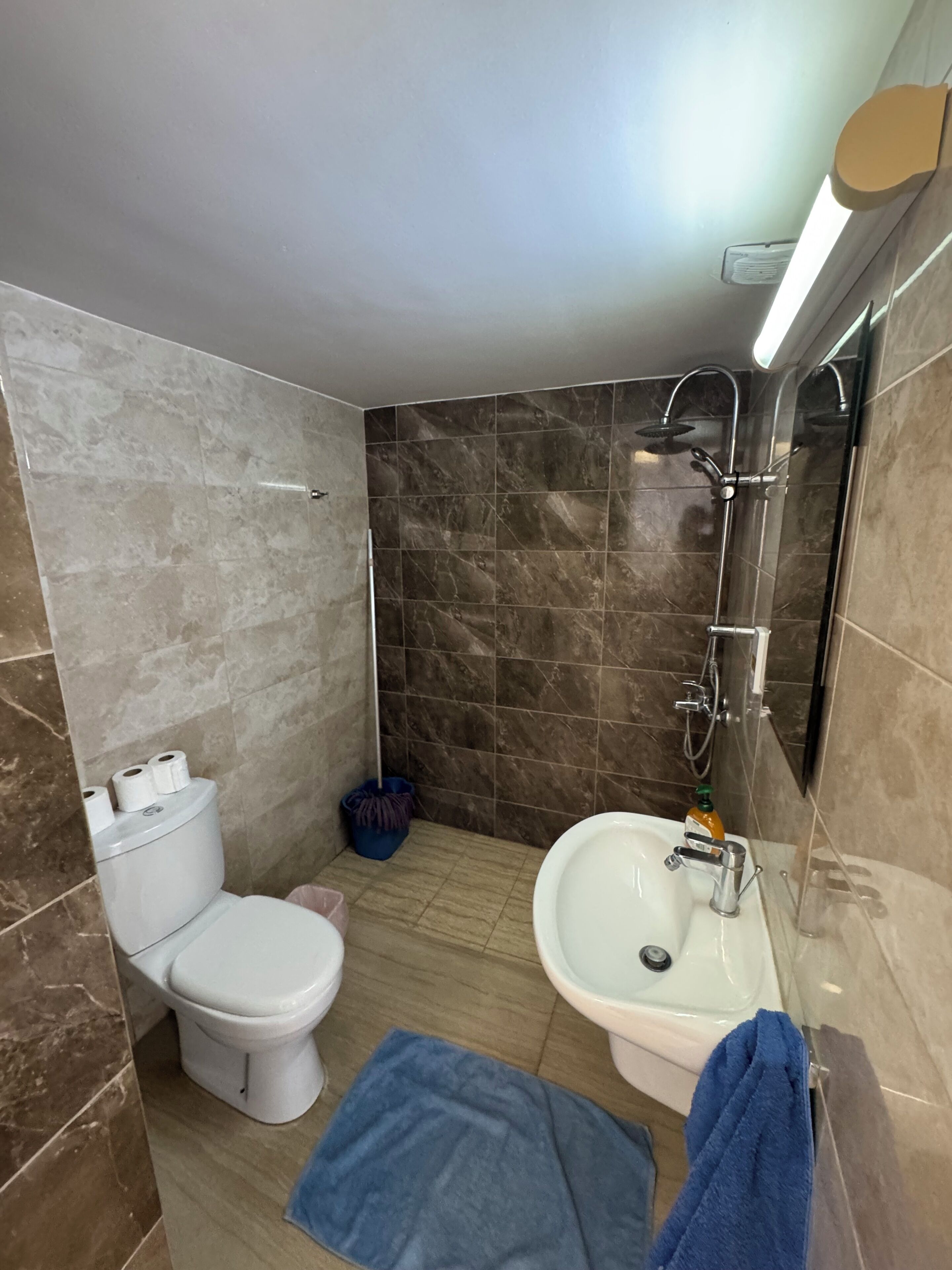 Baño con inodoro, bidé, lavamanos y ducha.