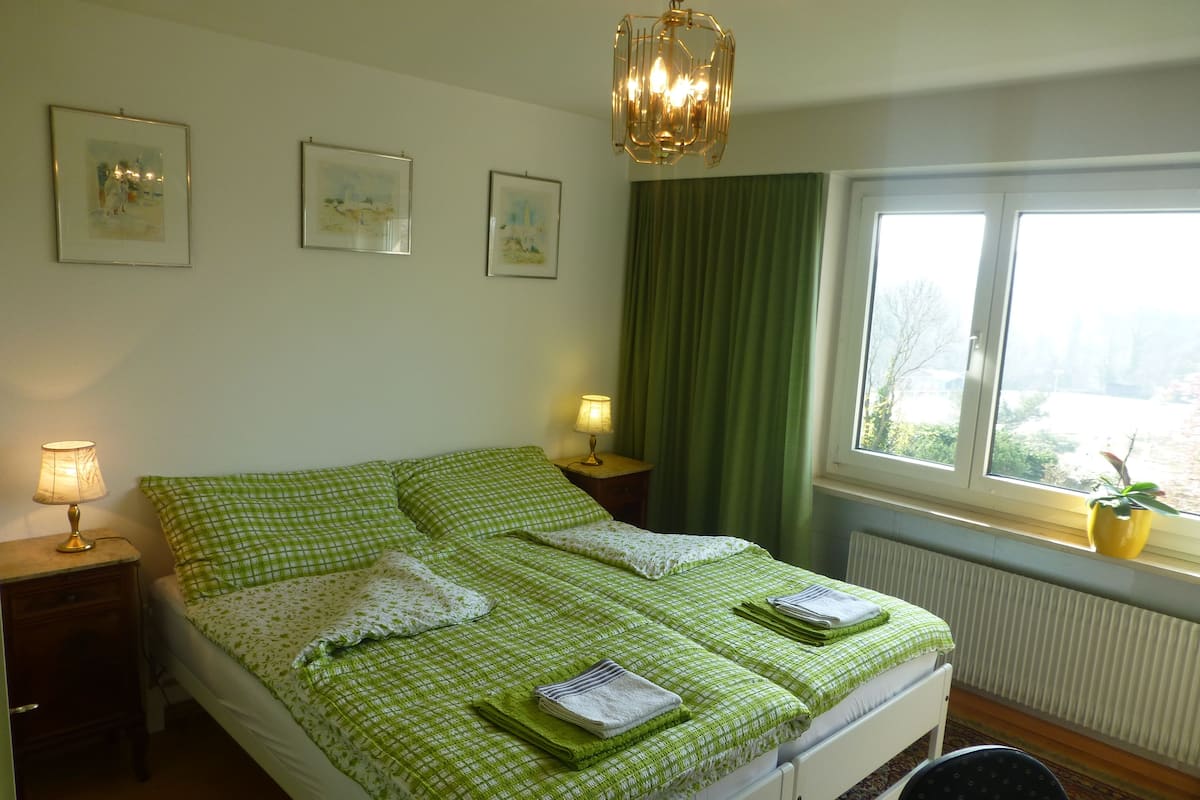 A neatly made bed with green checkered bedding, two bedside lamps, a window with a view of greenery, and a radiator.