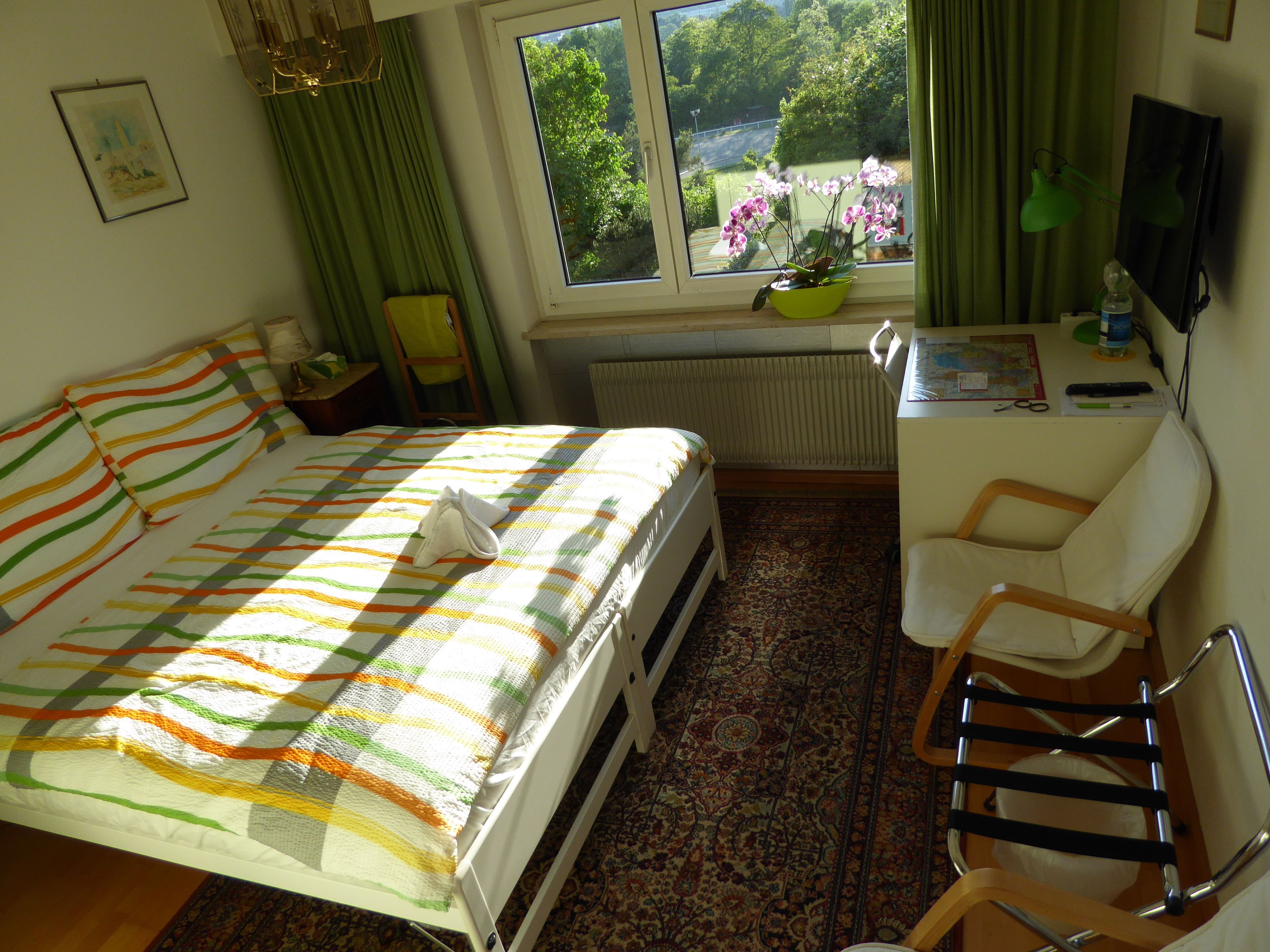 A bedroom with a bed, a desk, a chair, a window with a view of greenery, and a radiator.
