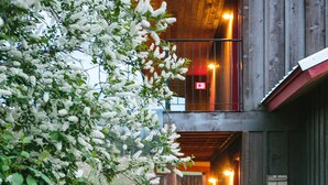 A wooden building with a covered walkway and a large tree with white flowers. - Mt Gardner Inn (Winthrop)