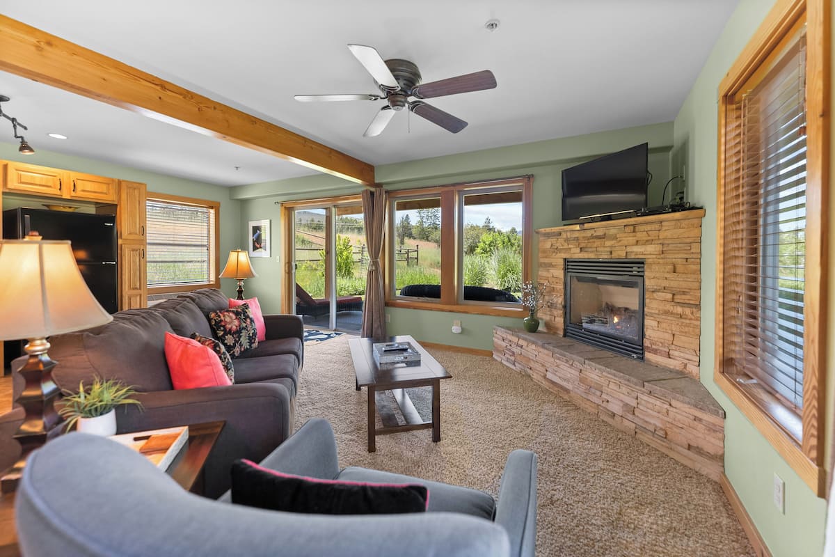 Luxury Apartment, 1 Queen Bed with Sofa bed, Fireplace, Mountain View | Living area | 40-inch flat-screen TV with satellite channels, TV, DVD player