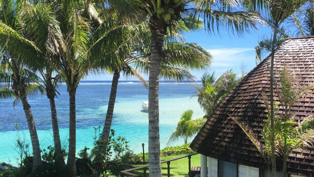 Vista de una playa tropical con un edificio de techo de paja, palmeras y un mar azul cristalino.