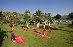 Guests can practice yoga on the lush grass under the shade of palm trees.