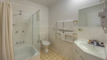 A bathroom with a glass-enclosed shower, a toilet, a sink, and a mirror.