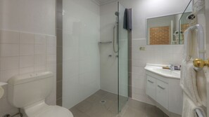 A bathroom with a toilet, a glass-enclosed shower, a sink, and a mirror.