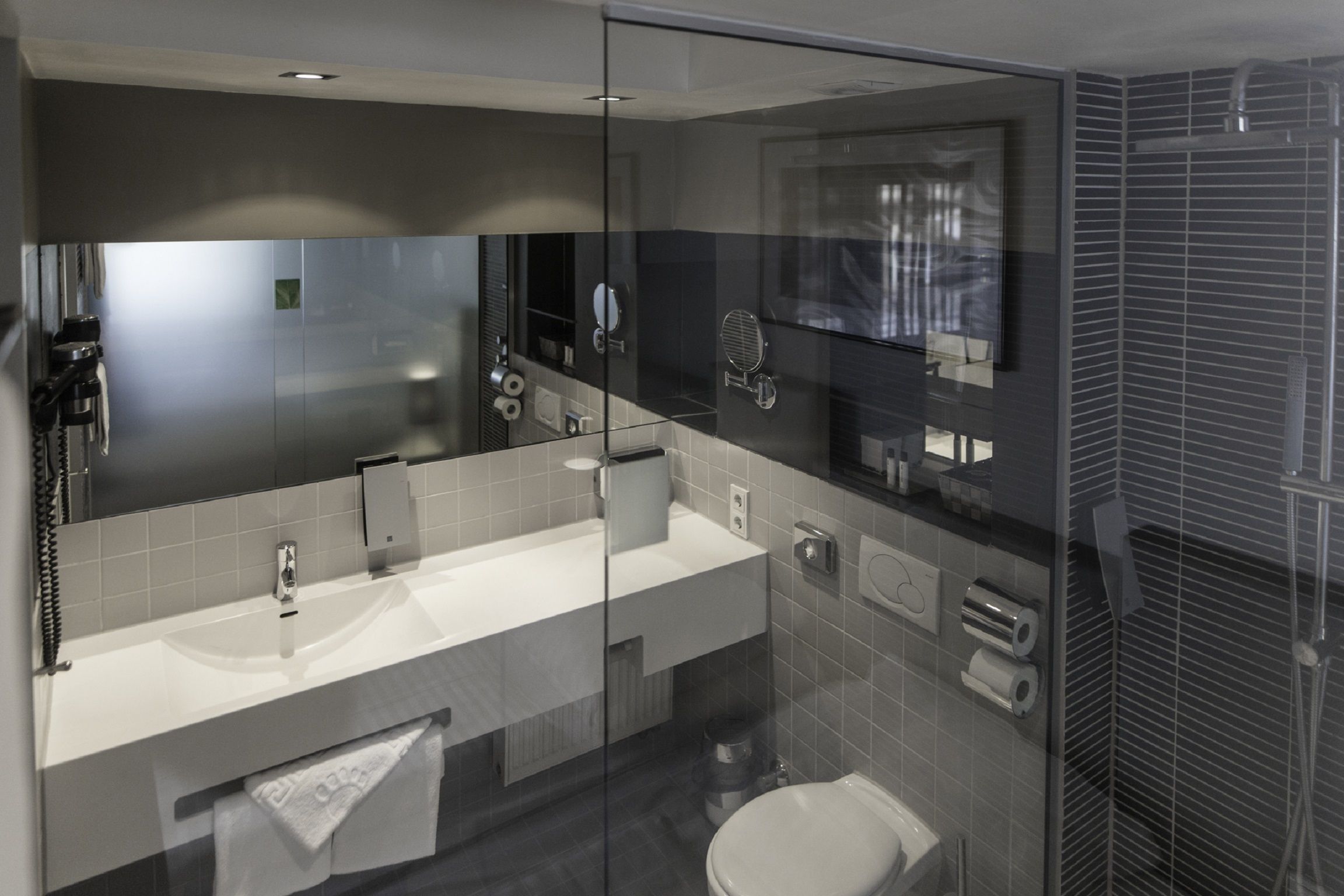 double room | bathroom | shower, rainfall showerhead, hair dryer, slippers