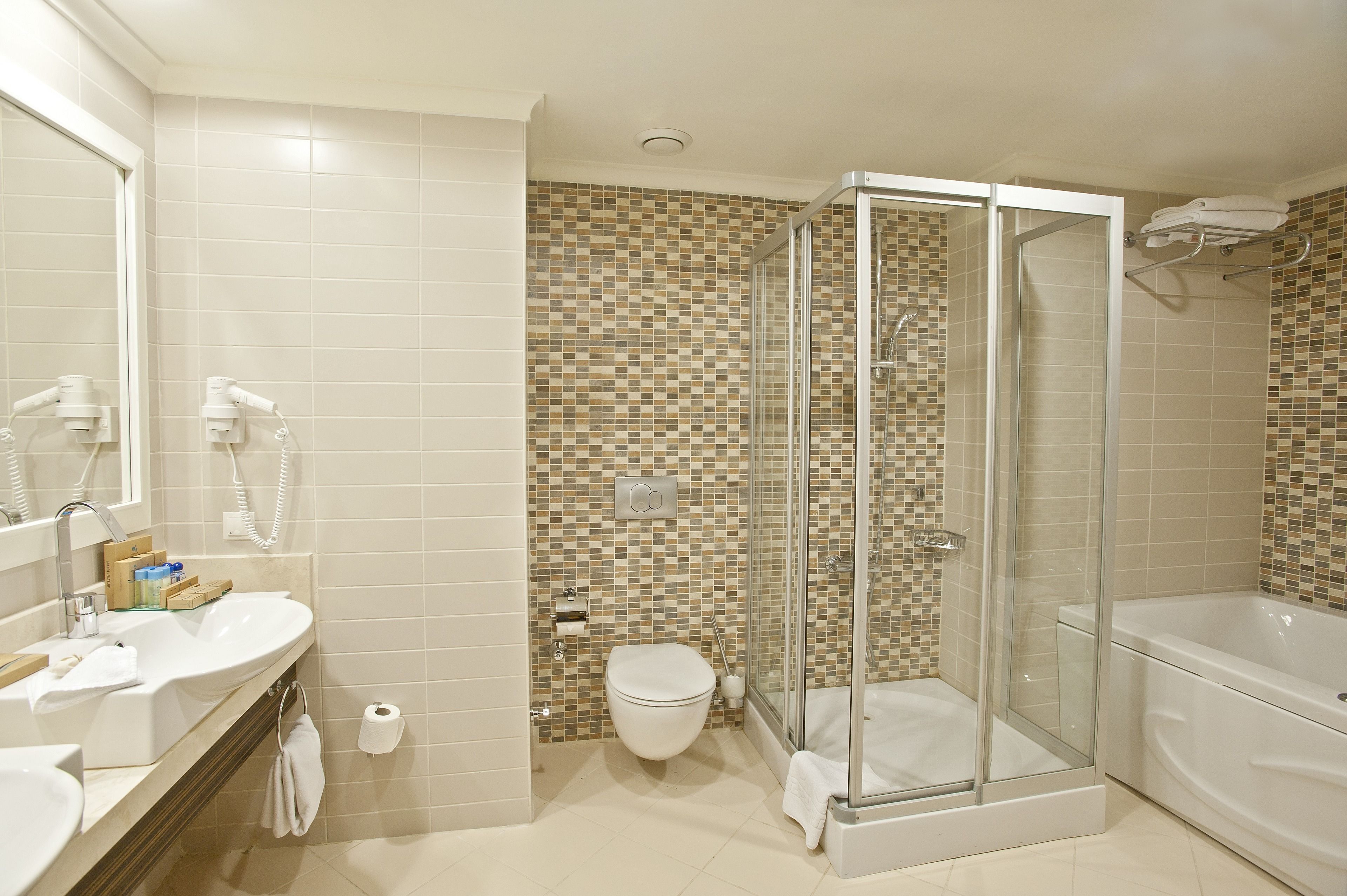 A bathroom with a glass-enclosed shower, a bathtub, a toilet, and a sink with a mirror.