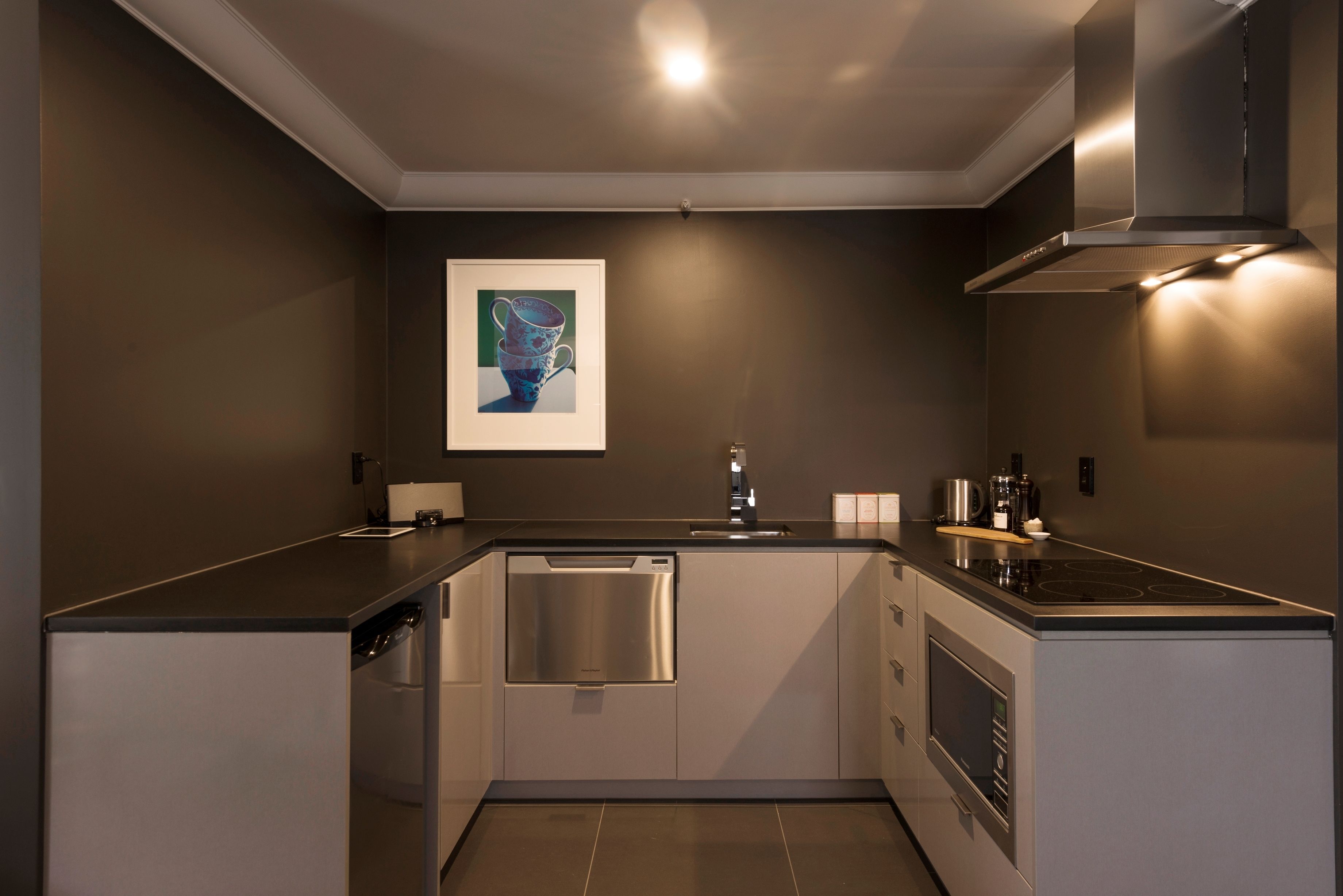 mini-fridge, microwave, coffee/tea maker, electric kettle