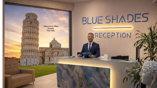 A reception desk with a marble top, a man in a suit, and a view of the Leaning Tower of Pisa. - Blue Shades Aparthotel (Pisa)