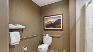 Combined shower/tub, free toiletries, hair dryer, towels